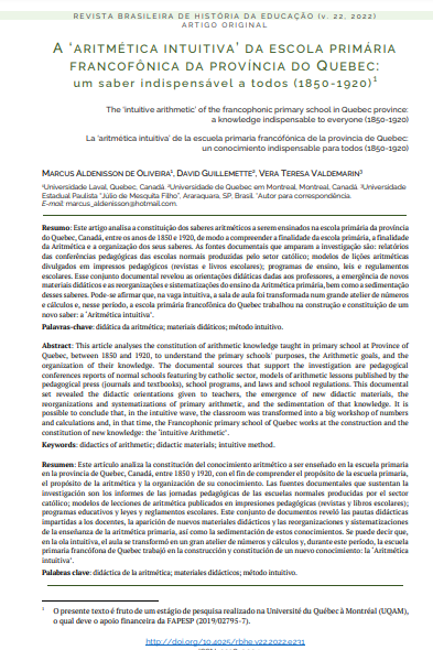 A ‘aritmética intuitiva’ da escola primária francofônica da província do Quebec: um saber indispensável a todos (1850-1920)