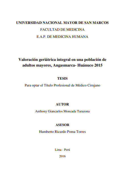 Valoración geriátrica integral en una población de adultos mayores, Angasmarca- Huánuco 2015
