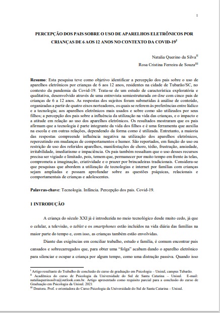 Percepção dos pais sobre o uso de aparelhos eletrônicos por crianças de 6 aos 12 anos no contexto da Covid-19