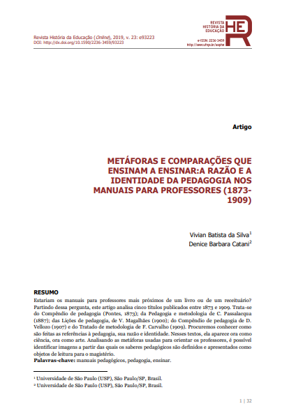 Metáforas e comparações que ensinam a ensinar:a razão e a identidade da pedagogia nos manuais para professores (1873-1909)