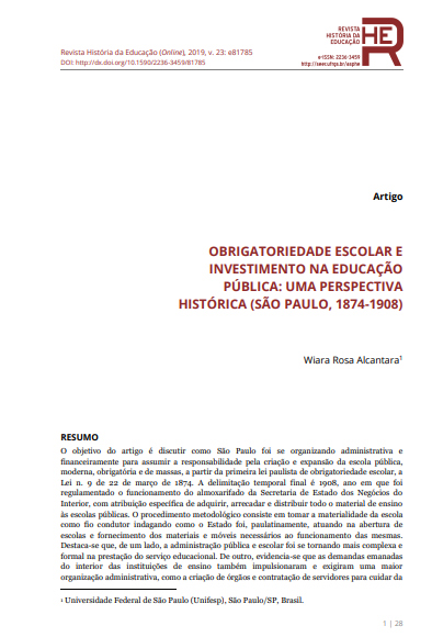 OBRIGATORIEDADE ESCOLAR E INVESTIMENTO NA EDUCAÇÃO PÚBLICA: UMA PERSPECTIVA HISTÓRICA (SÃO PAULO, 1874-1908)