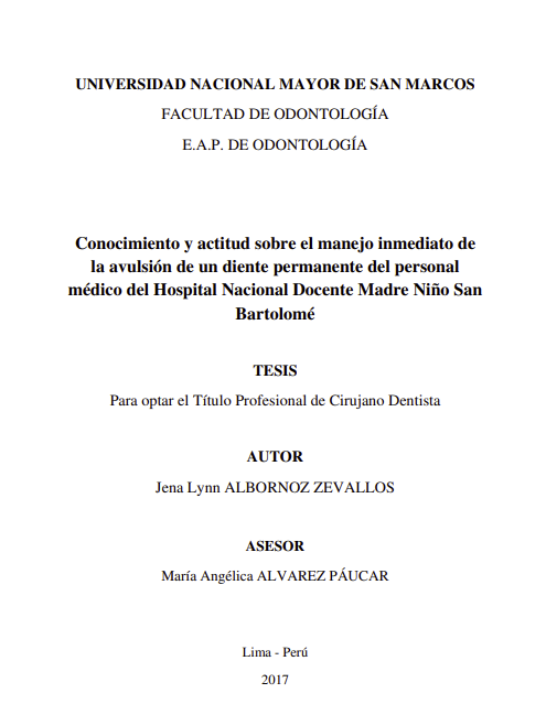 Conocimiento y actitud sobre el manejo inmediato de la avulsión de un diente permanente