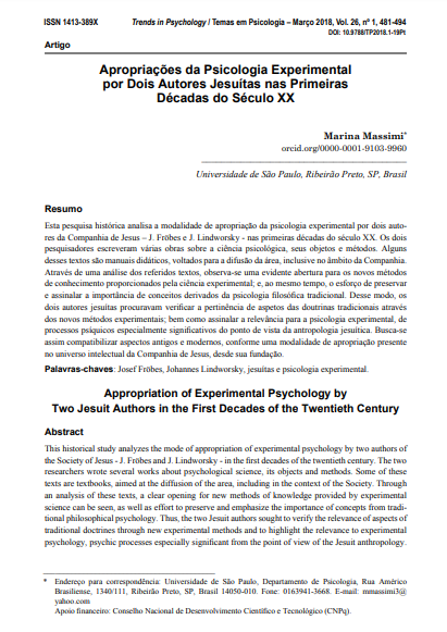 Apropriações da Psicologia Experimental por Dois Autores Jesuítas nas Primeiras Décadas do Século XX