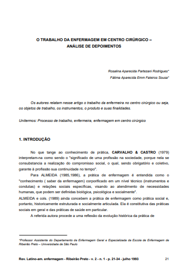 O trabalho da enfermagem em centro cirúrgico: análise de depoimentos