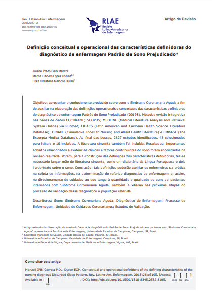 Conceptual and operational definitions of the defining characteristics of the nursing diagnosis Disturbed Sleep Pattern