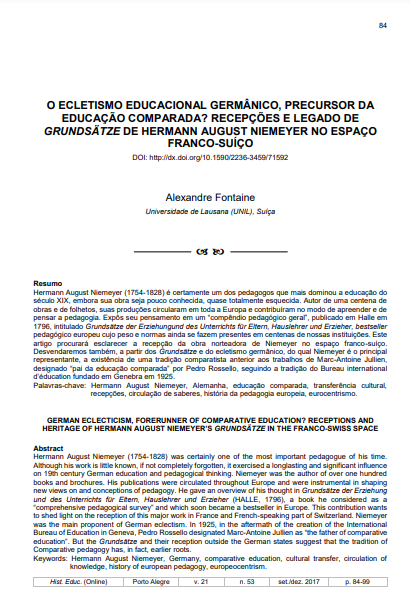 O ECLETISMO EDUCACIONAL GERMÂNICO, PRECURSOR DA EDUCAÇÃO COMPARADA? RECEPÇÕES E LEGADO DE GRUNDSÄTZE DE HERMANN AUGUST NIEMEYER NO ESPAÇO FRANCO-SUÍÇO