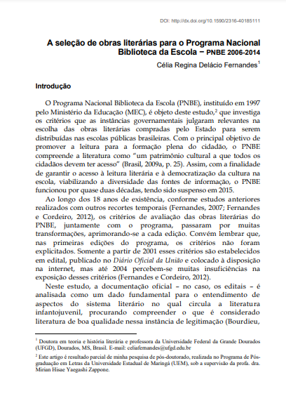 A seleção de obras literárias para o Programa Nacional Biblioteca da Escola − PNBE 2006-2014