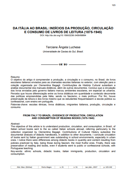 DA ITÁLIA AO BRASIL: INDÍCIOS DA PRODUÇÃO, CIRCULAÇÃO E CONSUMO DE LIVROS DE LEITURA (1875-1945)