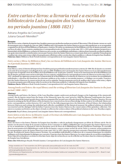 Entre cartas e livros: a livraria real e a escrita do bibliotecário Luís Joaquim dos Santos Marrocos no período joanino (1808-1821)