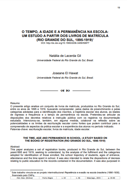 O tempo, a idade e a permanência na escola: um estudo a partir dos livros de matrícula (Rio Grande do Sul, 1895-1919)