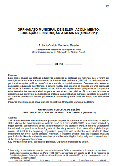 Orphanato Municipal de Belém: acolhimento, educação e instrução a meninas (1893-1911)