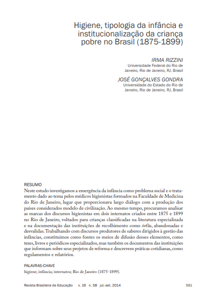 Higiene, tipologia da infância e institucionalização da criança pobre no Brasil (1875-1899)
