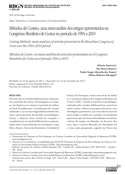 Métodos de Custeio: uma meta-análise dos artigos apresentados no Congresso Brasileiro de Custos no período de 1994 a 2010