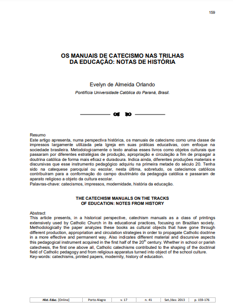 Os manuais de catecismo nas trilhas da educação: notas de história