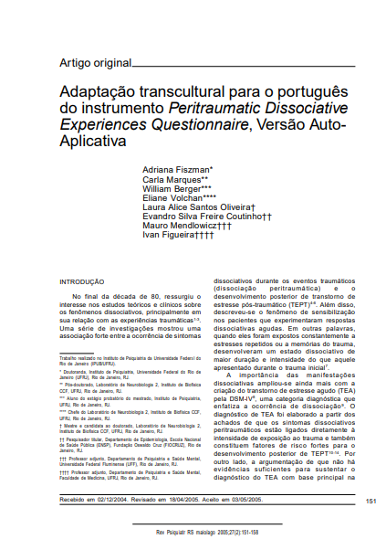 Adaptação transcultural para o português do instrumento Peritraumatic Dissociative Experiences Questionnaire, Versão Auto-Aplicativa