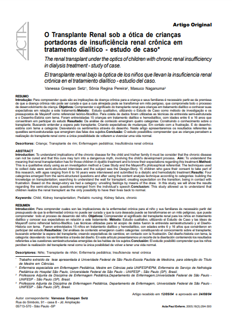 O Transplante renal sob a ótica de crianças portadoras de insuficiência renal crônica em tratamento dialítico: estudo de caso