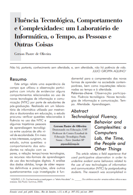 Fluência tecnológica, comportamento e complexidades: um laboratório de informática, o tempo, as pessoas e outras coisas