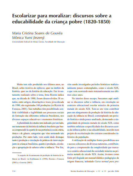Escolarizar para moralizar: discursos sobre a educabilidade da criança pobre (1820-1850)