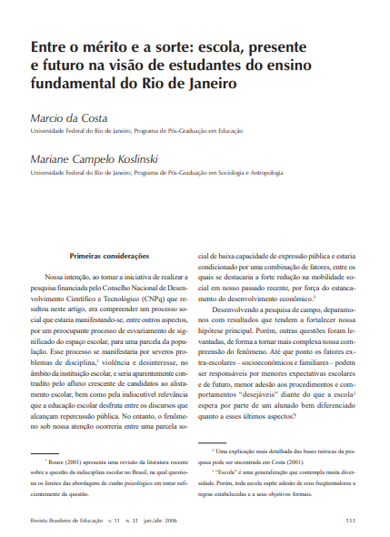 Entre o mérito e a sorte: escola, presente e futuro na visão de estudantes do ensino fundamental do Rio de Janeiro