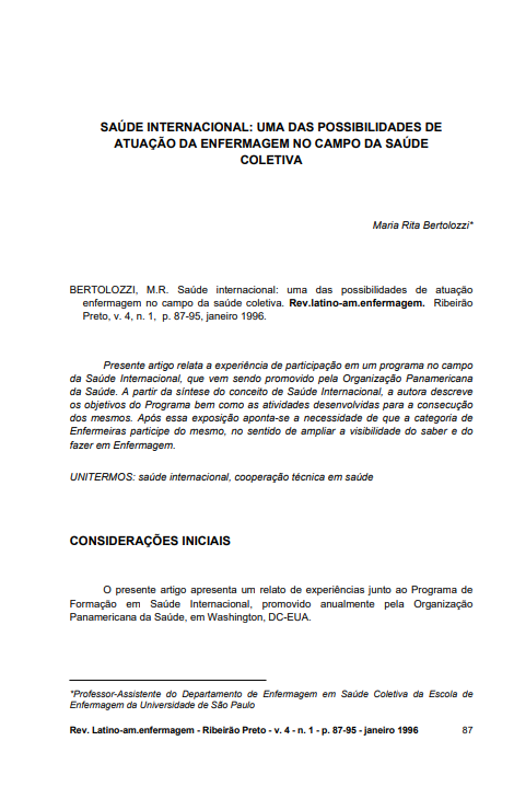 Saúde internacional: uma das possibilidades de atuação da enfermagem no campo da saúde coletiva