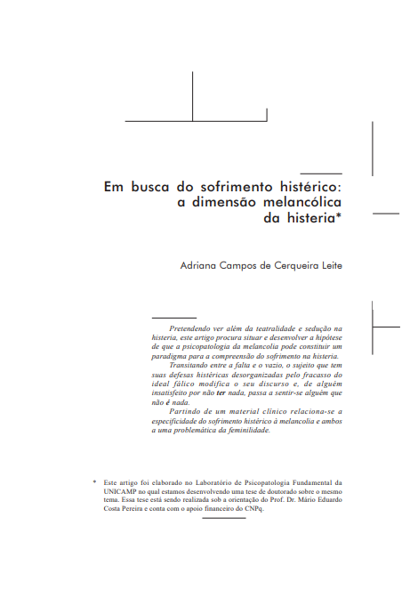 Em busca do sofrimento histérico: a dimensão melancólica da histeria