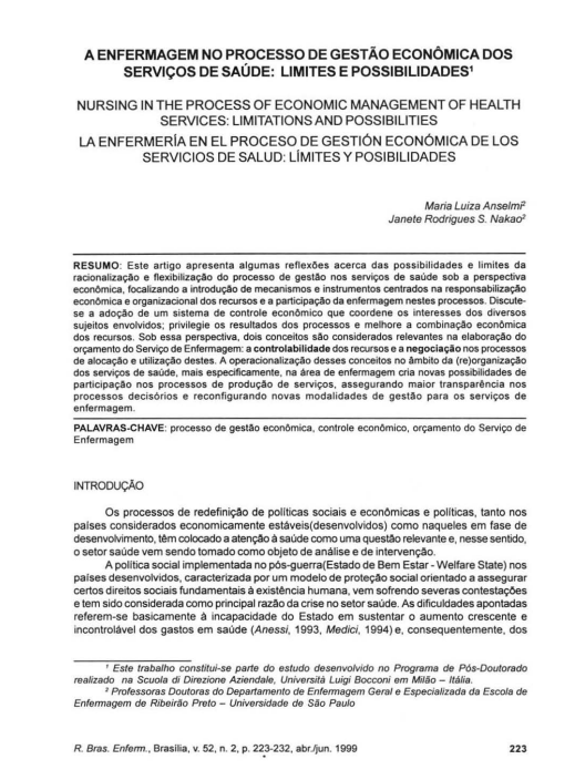 A enfermagem no processo de gestão econômica dos serviços de saúde: limites e possibilidades