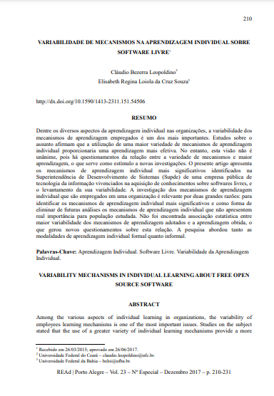 VARIABILIDADE DE MECANISMOS NA APRENDIZAGEM INDIVIDUAL SOBRE SOFTWARE LIVRE