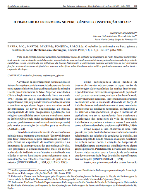 O trabalho da enfermeira no Peru: gênese e constituição social