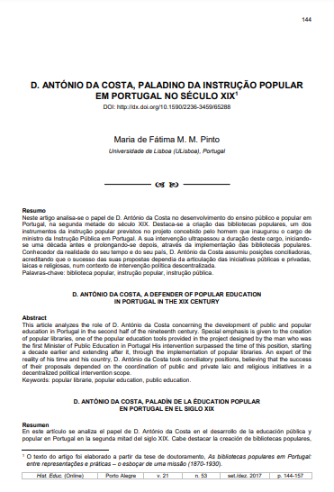 D. ANTÓNIO DA COSTA, PALADINO DA INSTRUÇÃO POPULAR EM PORTUGAL NO SÉCULO XIX