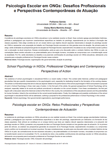 Psicologia Escolar em ONGs: Desafios Profissionais e Perspectivas Contemporâneas de Atuação