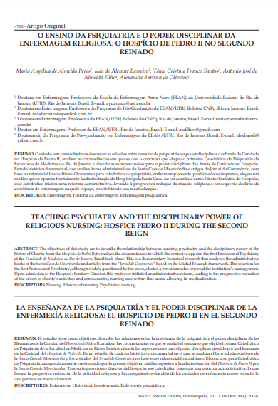 O ensino da psiquiatria e o poder disciplinar da enfermagem religiosa: o hospício de Pedro II no segundo reinado