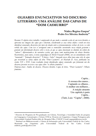 Olhares enunciativos no discurso literário: uma análise das capas de &quot;Dom Casmurro&quot;