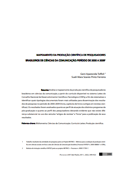 Mapeamento da produção científica de pesquisadores brasileiros de ciências da comunicação: período de 2000 a 2009