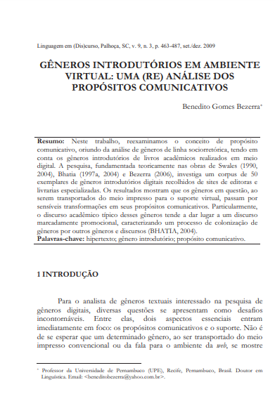 Gêneros introdutórios em ambiente virtual: uma (re) análise dos propósitos comunicativos