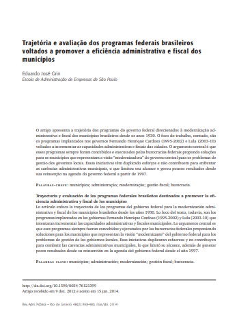 Trajetória e avaliação dos programas federais brasileiros voltados a promover a eficiência administrativa e fiscal dos municípios