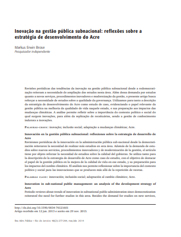 Inovação na gestão pública subnacional: reflexões sobre a estratégia de desenvolvimento do Acre