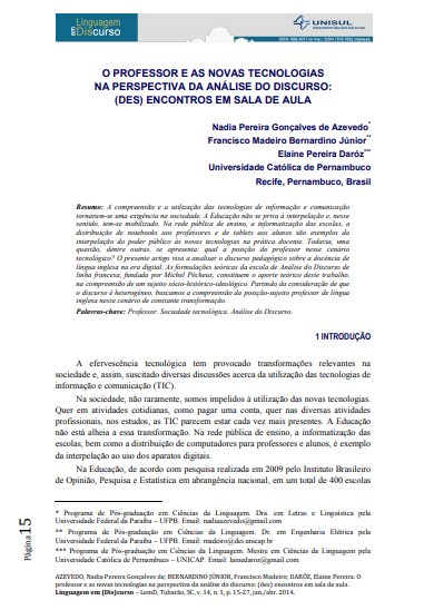O professor e as novas tecnologias na perspectiva da análise do discurso: (des) encontros em sala de aula