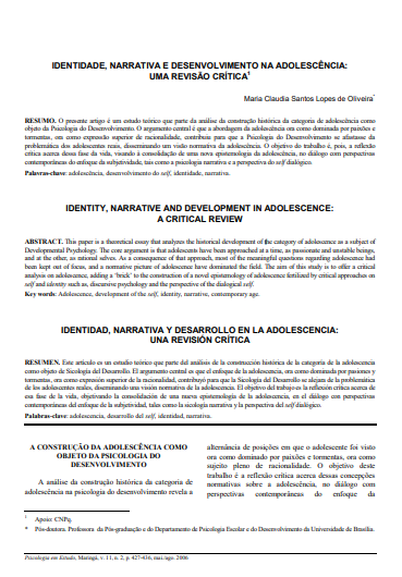 Identidade, narrativa e desenvolvimento na adolescência: uma revisão crítica&lt;A NAME=&quot;n1&quot;&gt;&lt;/A&gt;