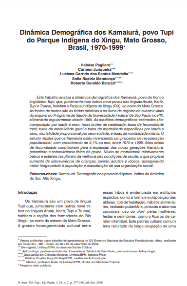 Dinâmica demográfica dos Kamaiurá, povo Tupi do Parque Indígena do Xingu, Mato Grosso, Brasil, 1970-1999