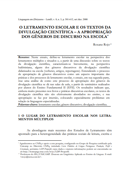 O letramento escolar e os textos da divulgação científica - a apropriação dos gêneros de discurso na escola