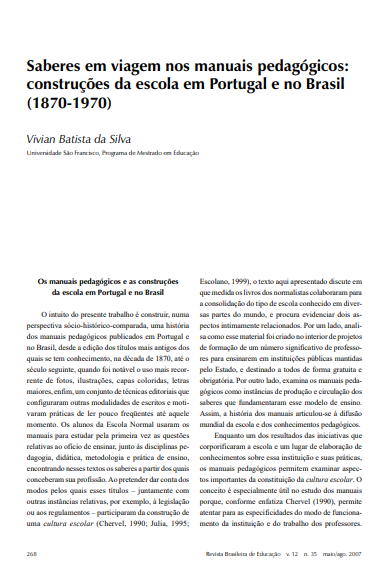 Saberes em viagem nos manuais pedagógicos: construções da escola em Portugal e no Brasil (1870-1970)