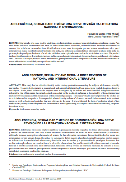 Adolescência, sexualidade e mídia: uma breve revisão da literatura nacional e internacional