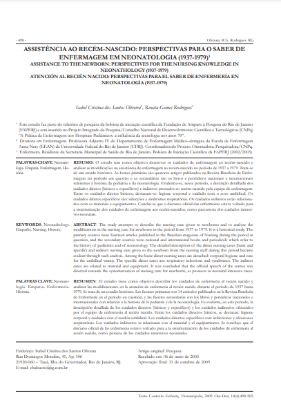 Assistência ao recém-nascido: perspectivas para o saber de enfermagem em neonatologia (1937-1979)
