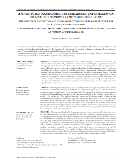 O advento das incubadoras e os cuidados de enfermagem aos prematuros na primeira metade do século XX