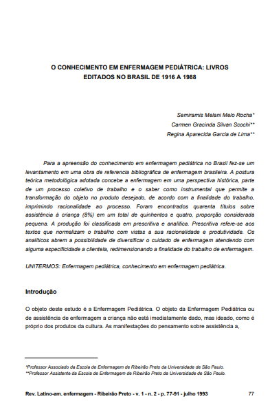 O conhecimento em Enfermagem Pediátrica: livros editados no Brasil de 1916 a 1988