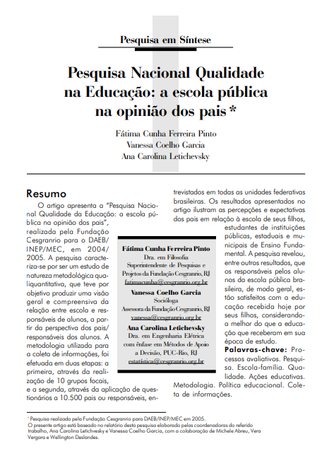 Pesquisa Nacional Qualidade na Educação: a escola pública na opinião dos pais