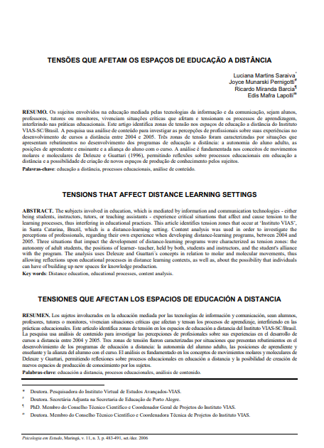 Tensões que afetam os espaços de educação a distância Tensões que afetam os espaços de educação a distância Tensões que afetam os espaços de educação a distância