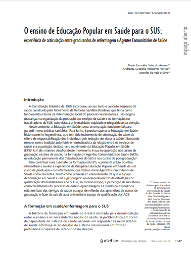 O ensino de Educação Popular em Saúde para o SUS: experiência de articulação entre graduandos de enfermagem e Agentes Comunitários de Saúde