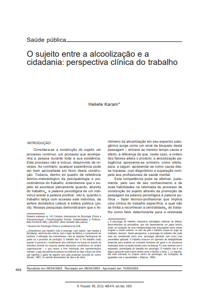 O sujeito entre a alcoolização e a cidadania: perspectiva clínica do trabalho