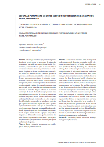 Educação permanente em saúde segundo os profissionais da gestão de Recife, Pernambuco